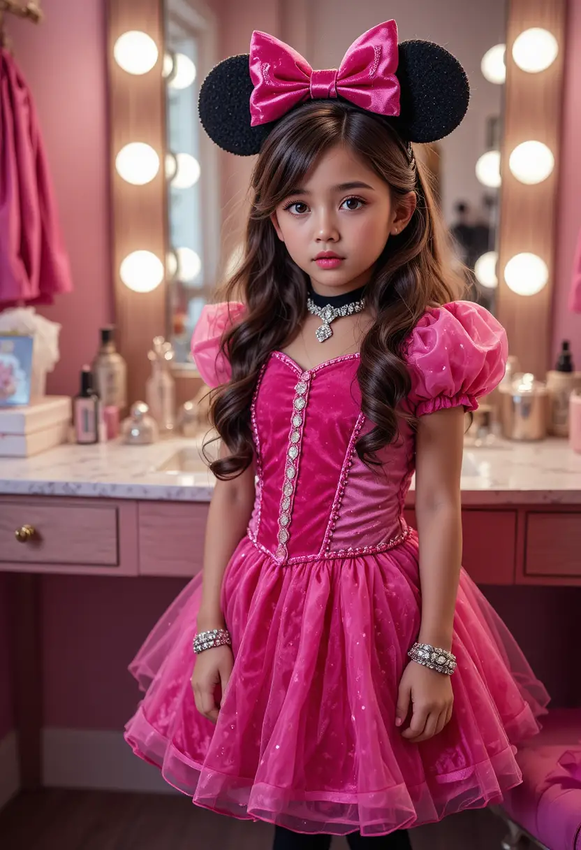 A nervous boy in a Minnie Mouse princess costume stands by a vanity