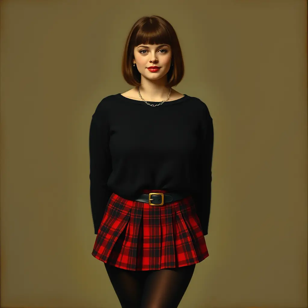 A Smiling Young Woman in a Sweater and Red Plaid Mini Skirt
