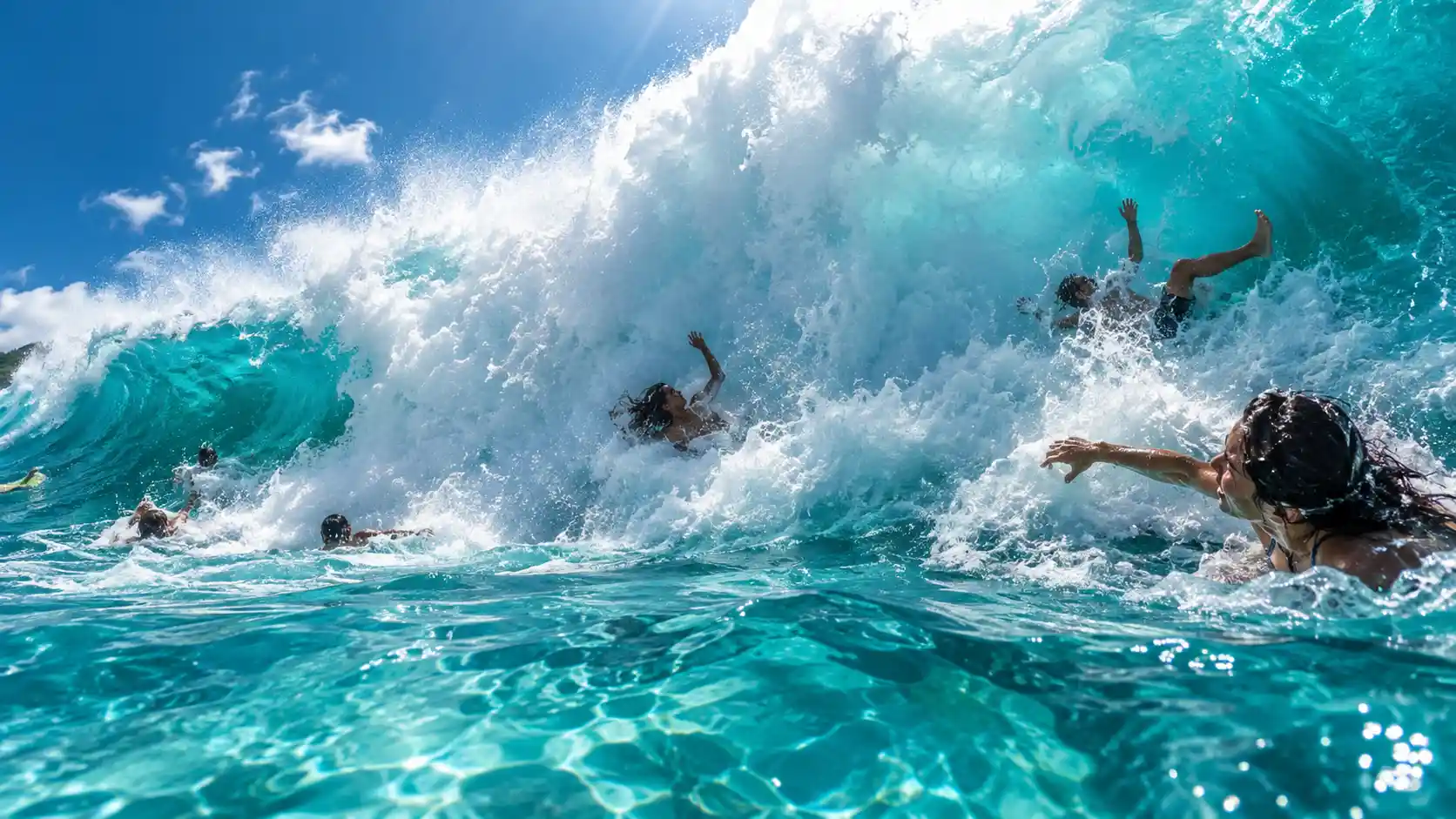 A colossal turquoise wave breaks over swimmers in clear sunlit water