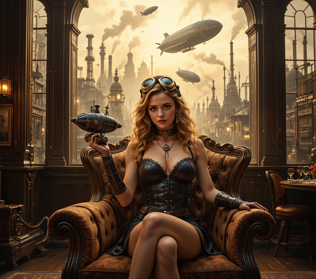 Uma jovem determinada segura um dirigível em miniatura numa cidade steampunk