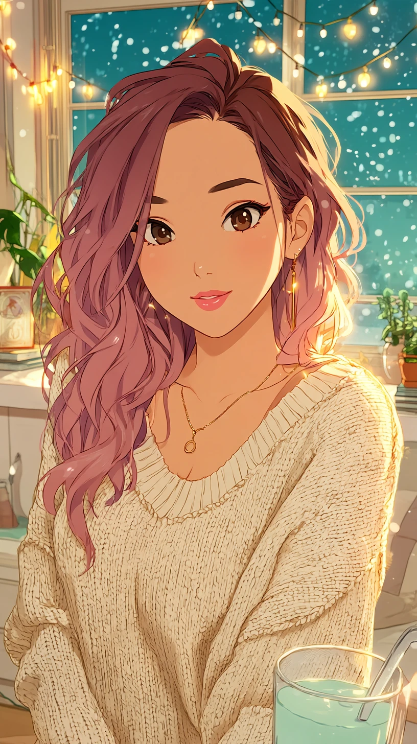 Retrato em estilo anime de um ídolo do K-pop em um ambiente aconchegante