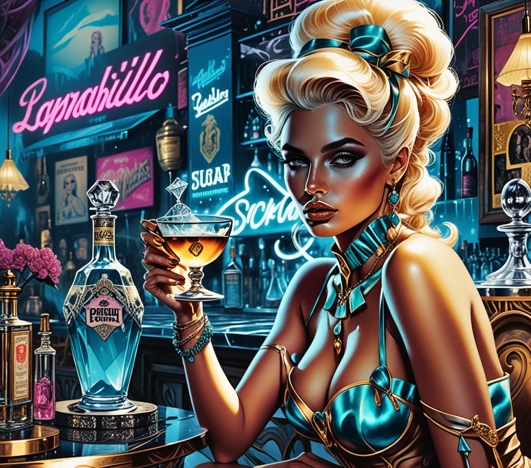 Uma mulher fantástica posa com alta-costura inspirada em bruxas numa discoteca sofisticada