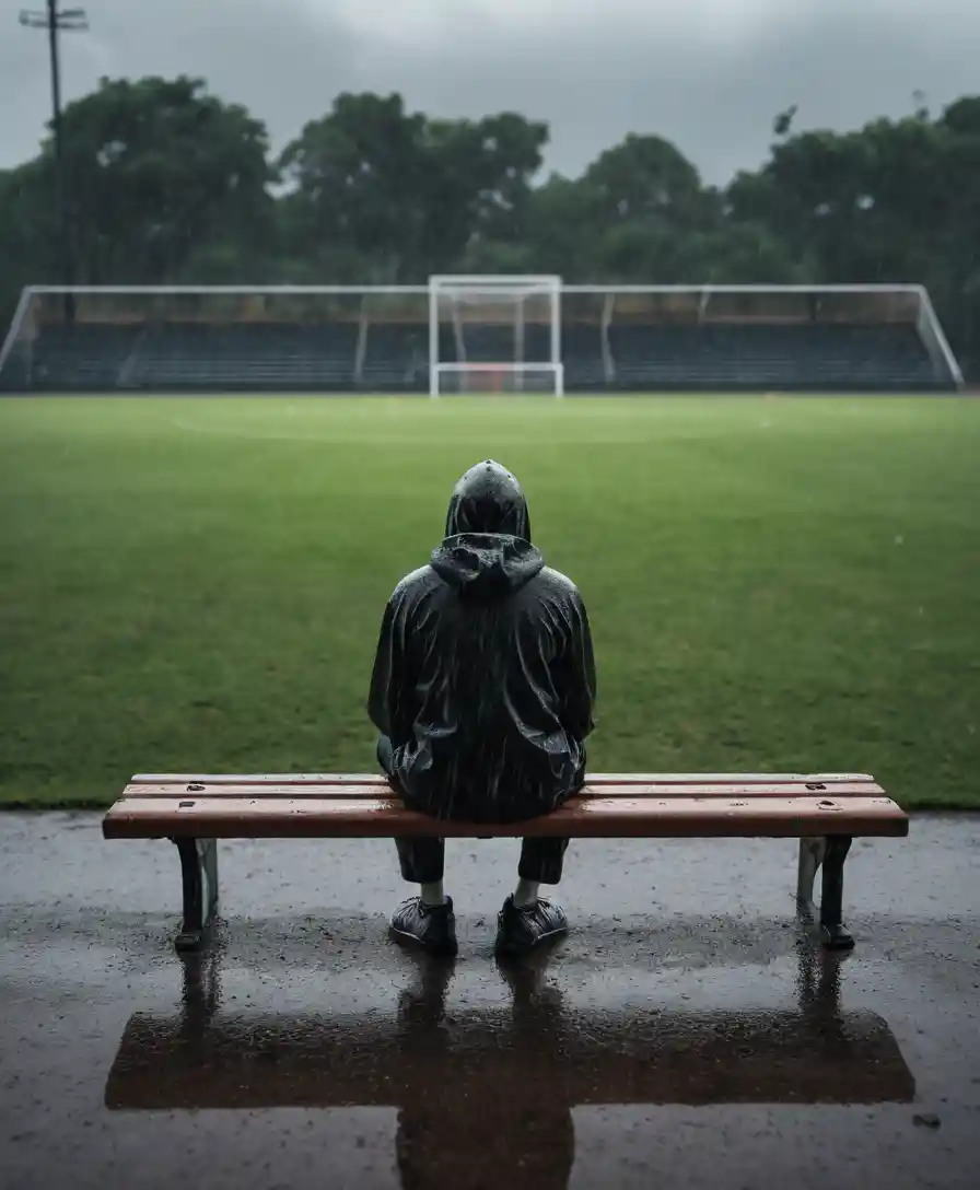 A lone figure huddles on empty bleachers as heavy rain falls