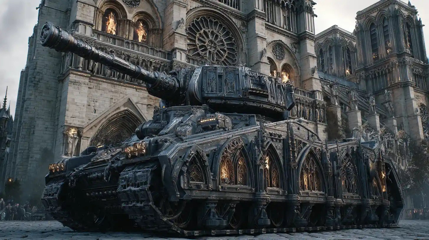 Um tanque-catedral gótico diante de Notre-Dame ao pôr do sol