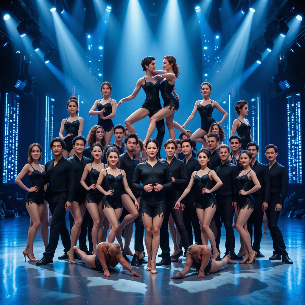 Bailarines adultos forman una pirámide dinámica en el escenario de un concierto