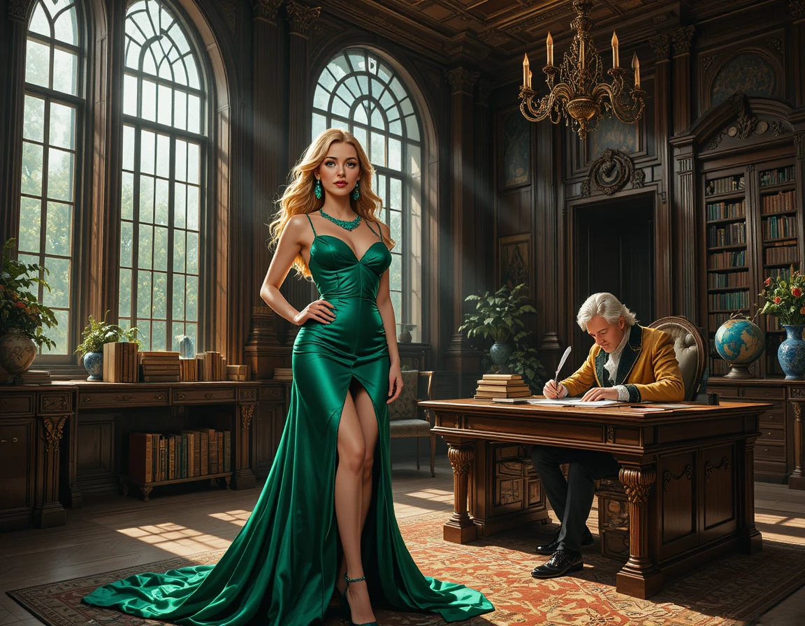 Uma mulher loira com um vestido verde-esmeralda posa com confiança
