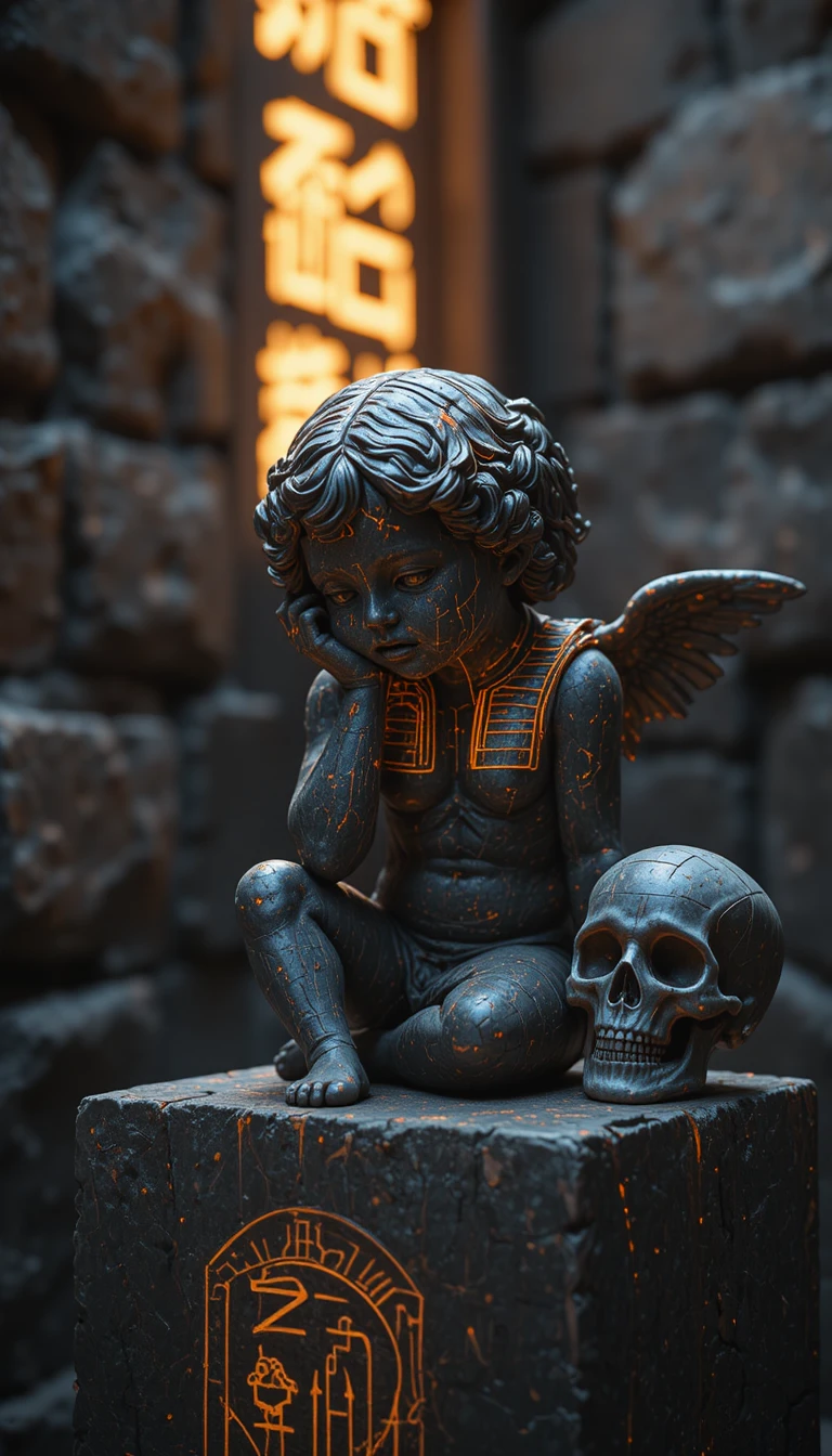 A Melancholic Cherub Statue Sits Beside a Weathered Human Skull
