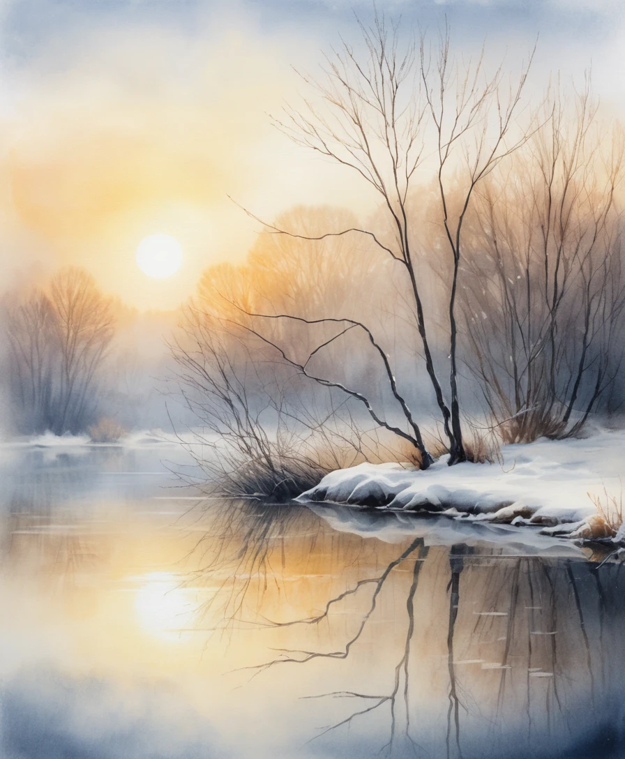 A watercolor sunrise over a quiet winter lake and snowy landscape