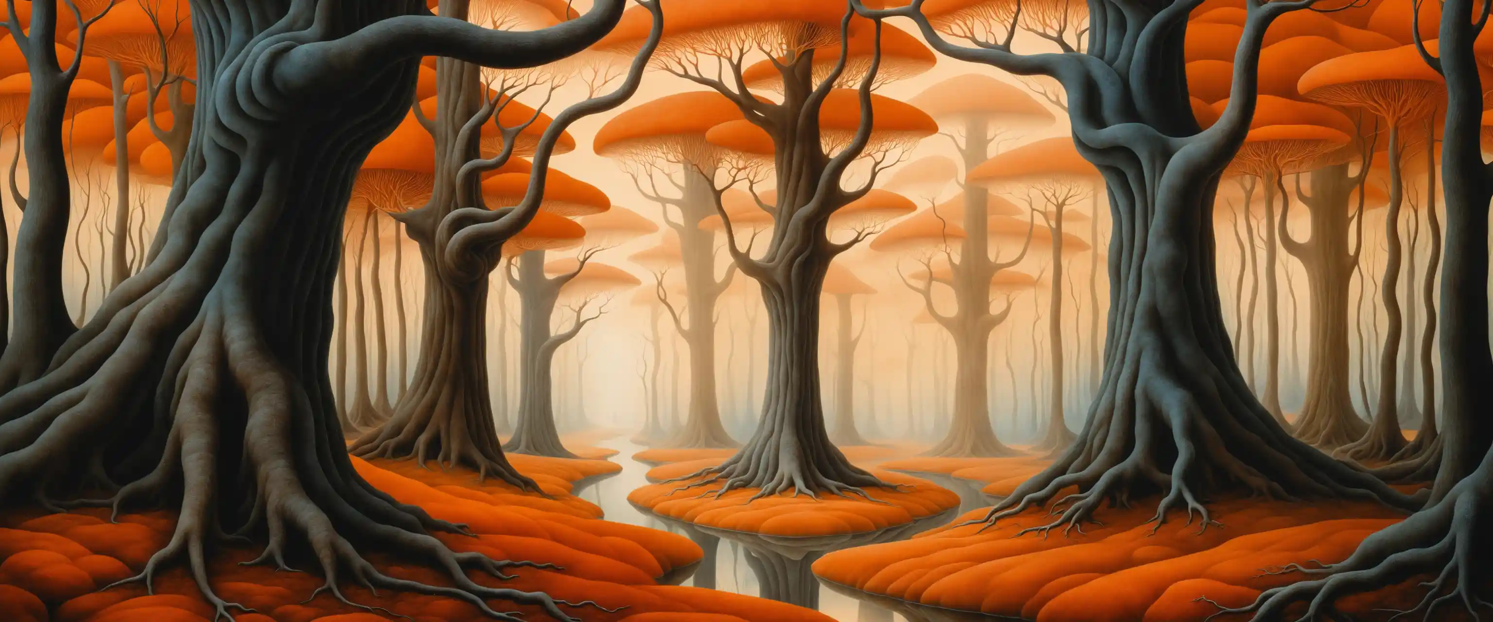 Ein surrealer Wald mit knorrigen Bäumen unter einem feurig orangefarbenen Himmel