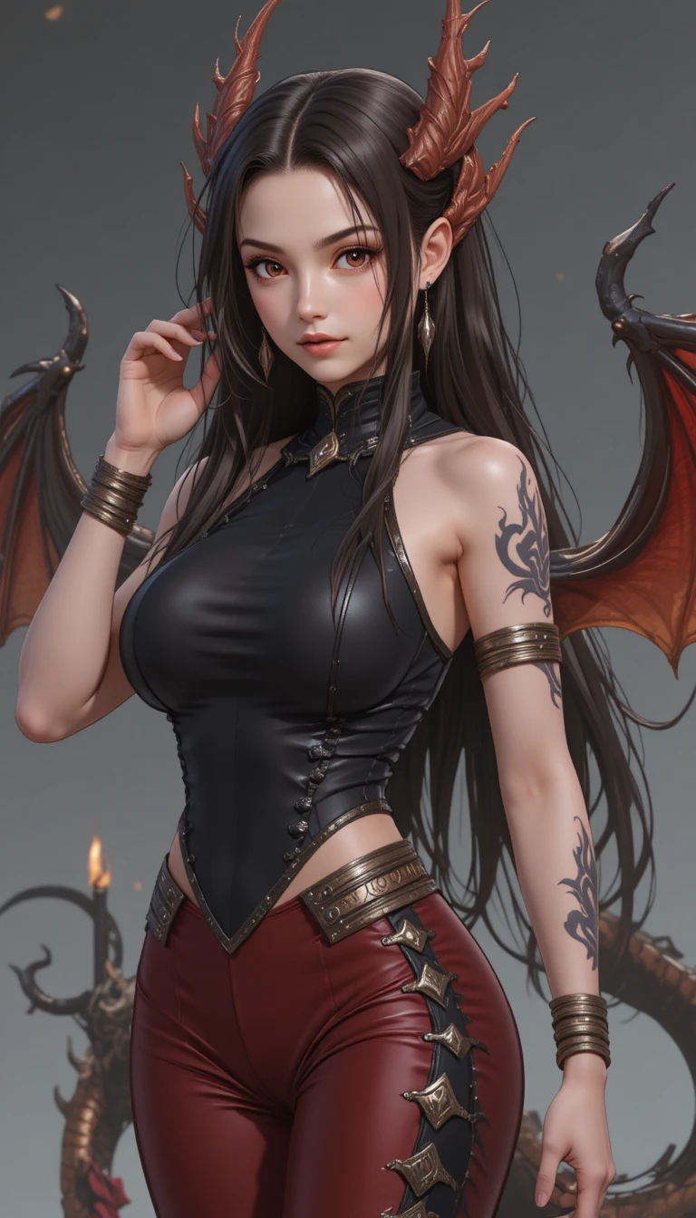 A dragon warrior woman with dark wings and curved horns
