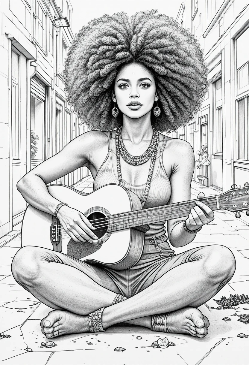 Uma mulher hippie com um grande cabelo afro sentada na rua toca violão
