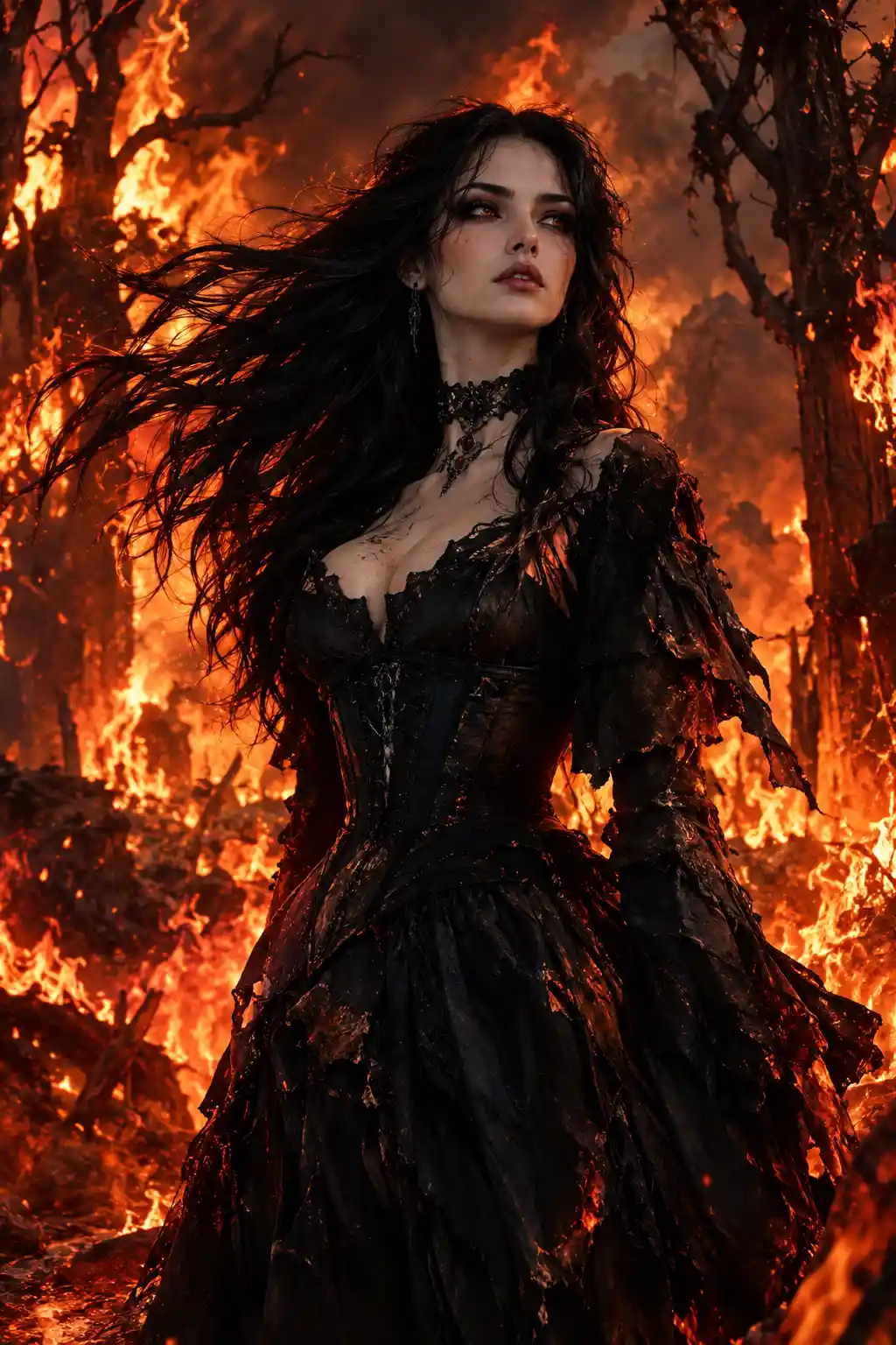 A gothic woman stands amid flames in a dark forest