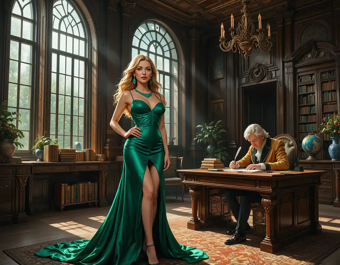 A blonde woman in an emerald gown stands confidently