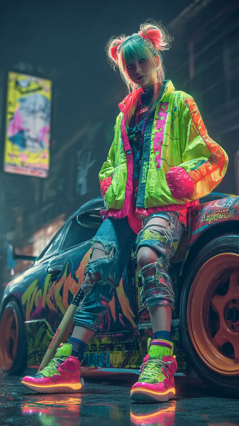 霓虹巷弄中倚靠塗鴉車的賽博龐克女孩