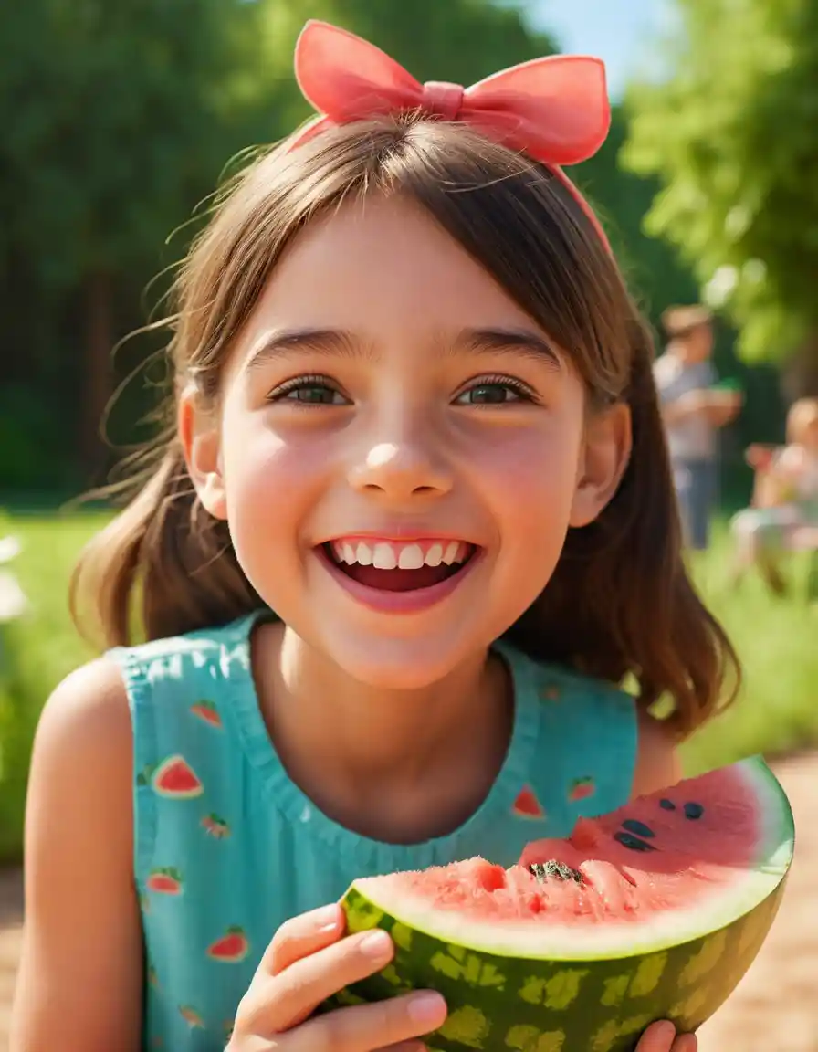 Une jeune fille savoure une tranche de pastèque juteuse en plein air sous le soleil d'été