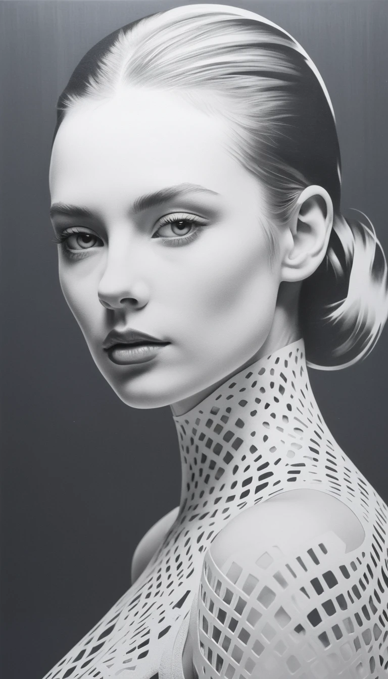 A beauty rendered as a white stencil against gray carbon fiber