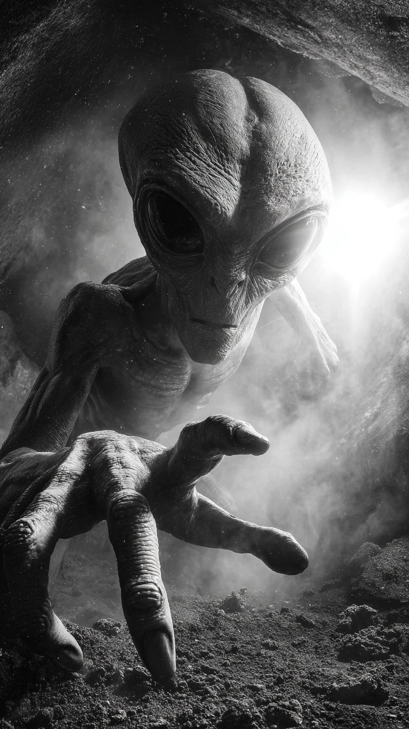 Un alienígena amenazador extiende la mano entre el humo en una cueva rocosa y oscura
