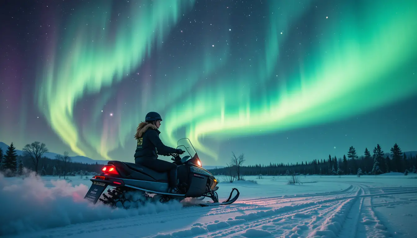 Uma jovem anda de moto de neve sob a aurora boreal