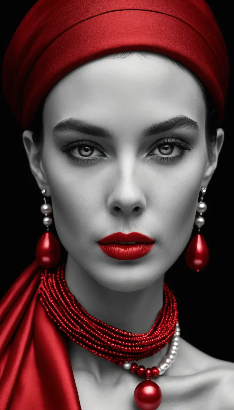 Retrato monocromático de modelo de moda com lábios carmesim e cabelos escuros alinhados