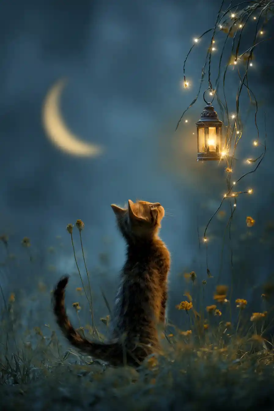 Um gatinho observa uma lanterna brilhante pendurada na grama sob uma lua em quarto crescente