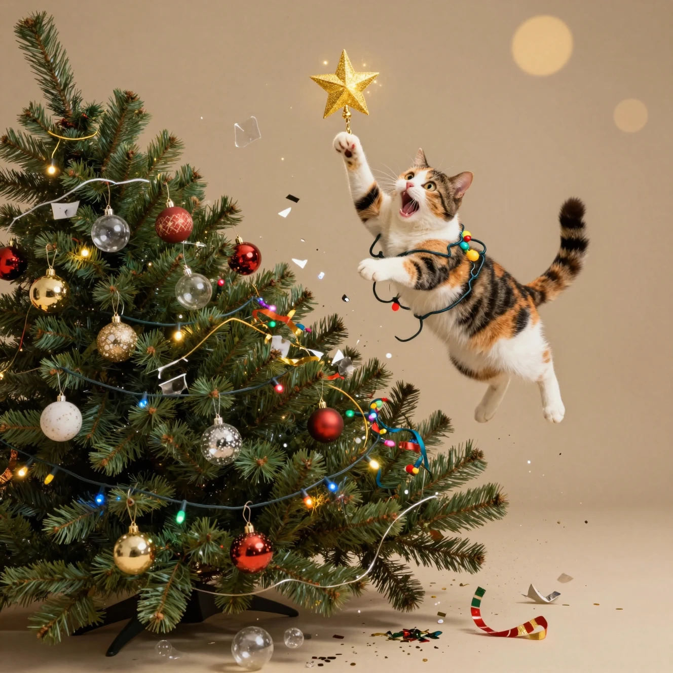 Uma gata tricolor travessa derruba a árvore de Natal em um caos de conto de fadas