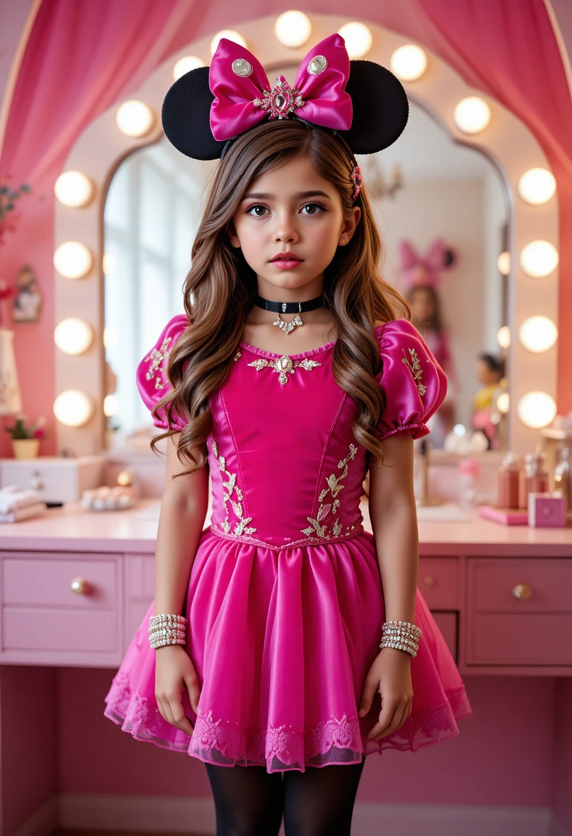 Un garçon nerveux en costume de princesse Minnie Mouse se tient devant une coiffeuse