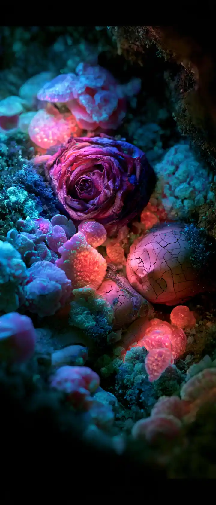 A wilting rose and porcelain doll beneath glowing fungi in a forest grotto