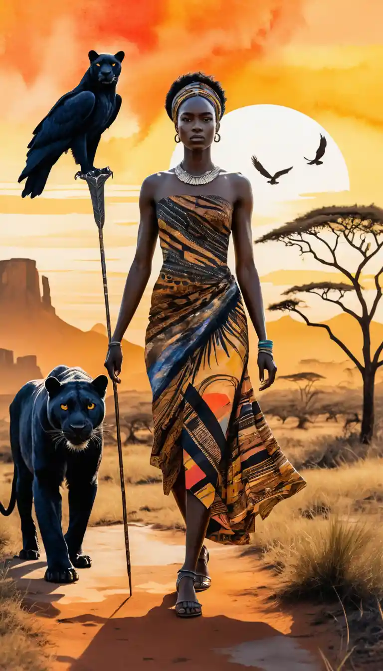 Eine afrikanische Frau mit einem Speer geht bei Sonnenuntergang neben einem schwarzen Panther