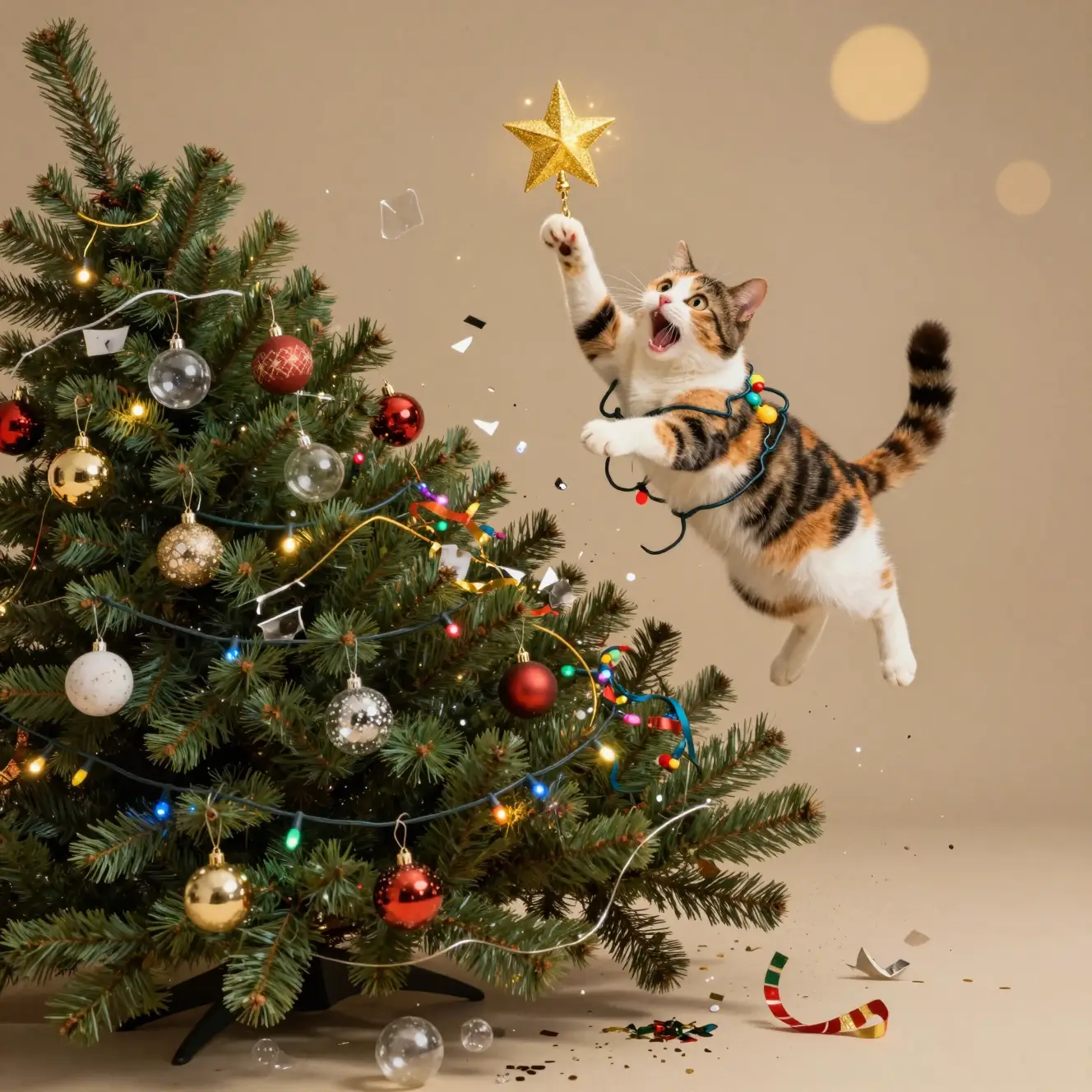 A Mischievous Calico Cat Topples a Christmas Tree in Storybook Chaos