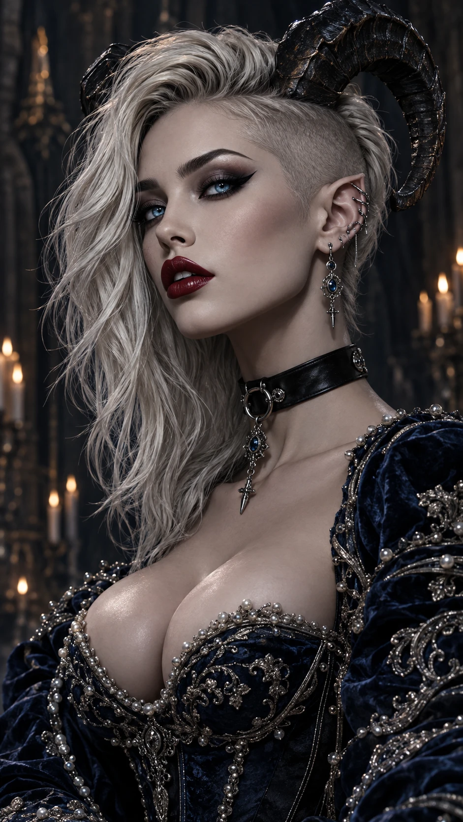 Uma mulher tiefling confiante com um vestido azul barroco e chifres escuros curvos
