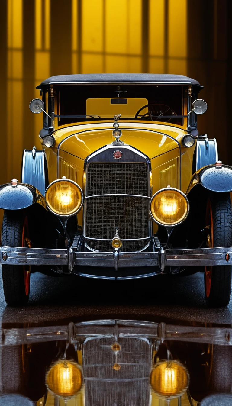 Um Cadillac de 1923 está sozinho sobre uma superfície de néon espelhada