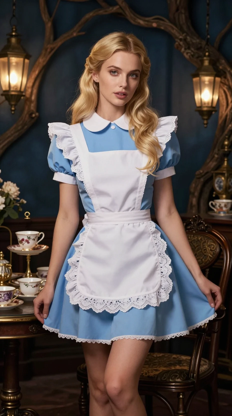 Una mujer rubia posa con un vestido azul en un salón de té victoriano