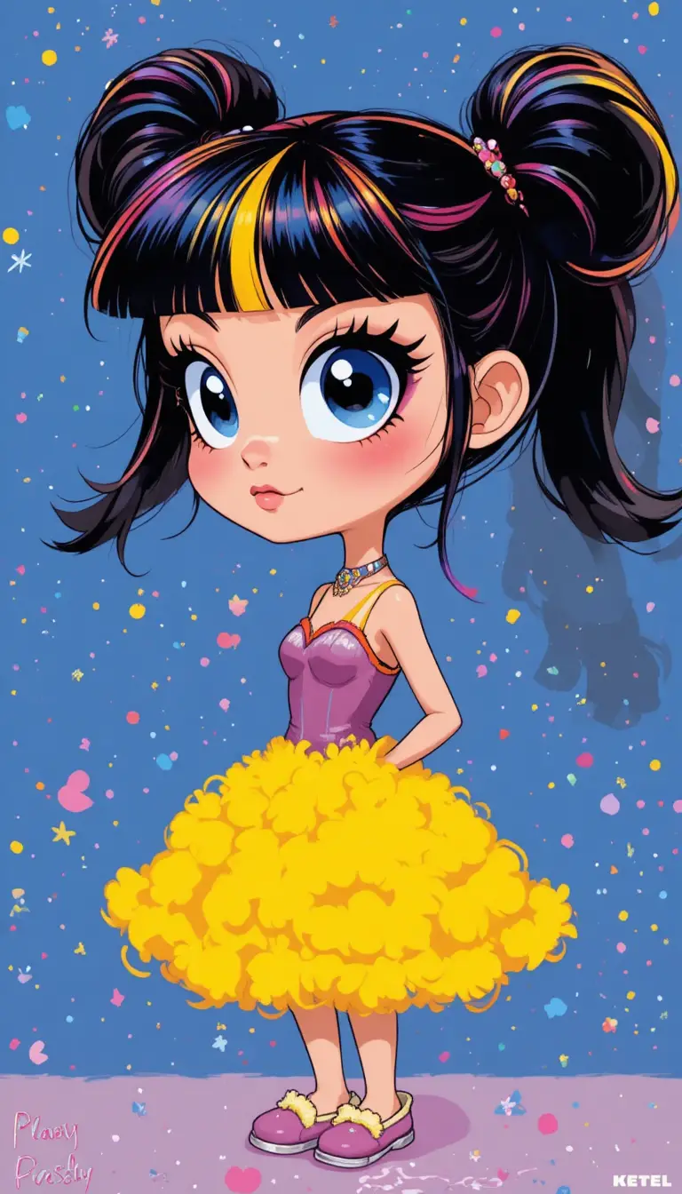 A flirty surreal cartoon portrait with oversized eyes and fluffy ponytails