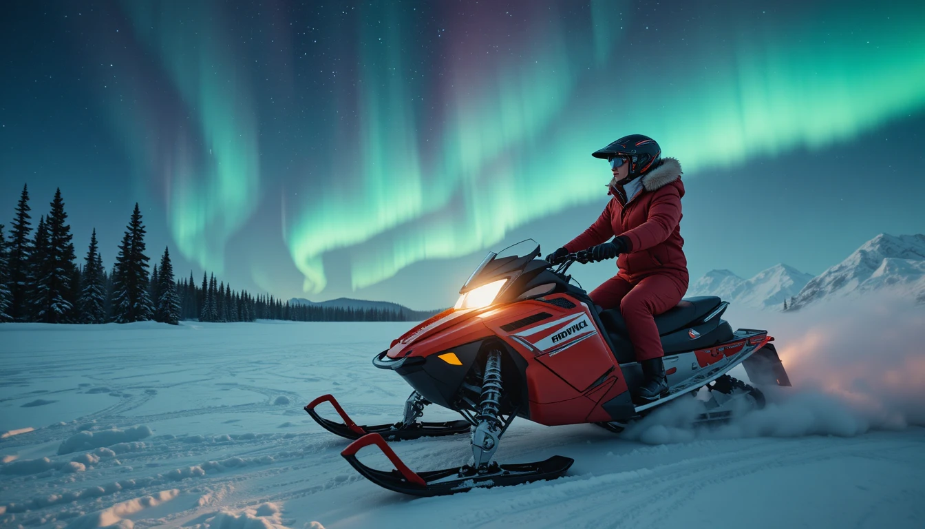 Uma mulher conduz um veículo de neve sob a aurora boreal
