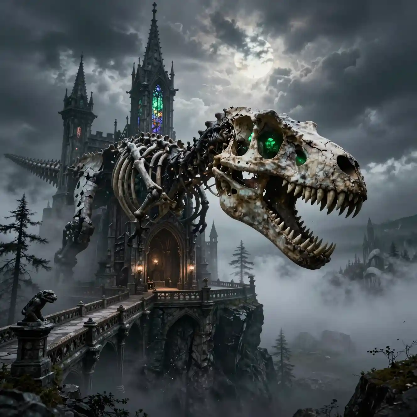 A Tyrannosaurus Skull Fortress Perched Above a Misty Cliff