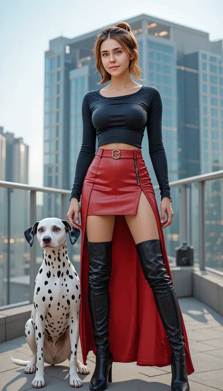 A woman in red leather stands beside a Dalmatian on an urban rooftop