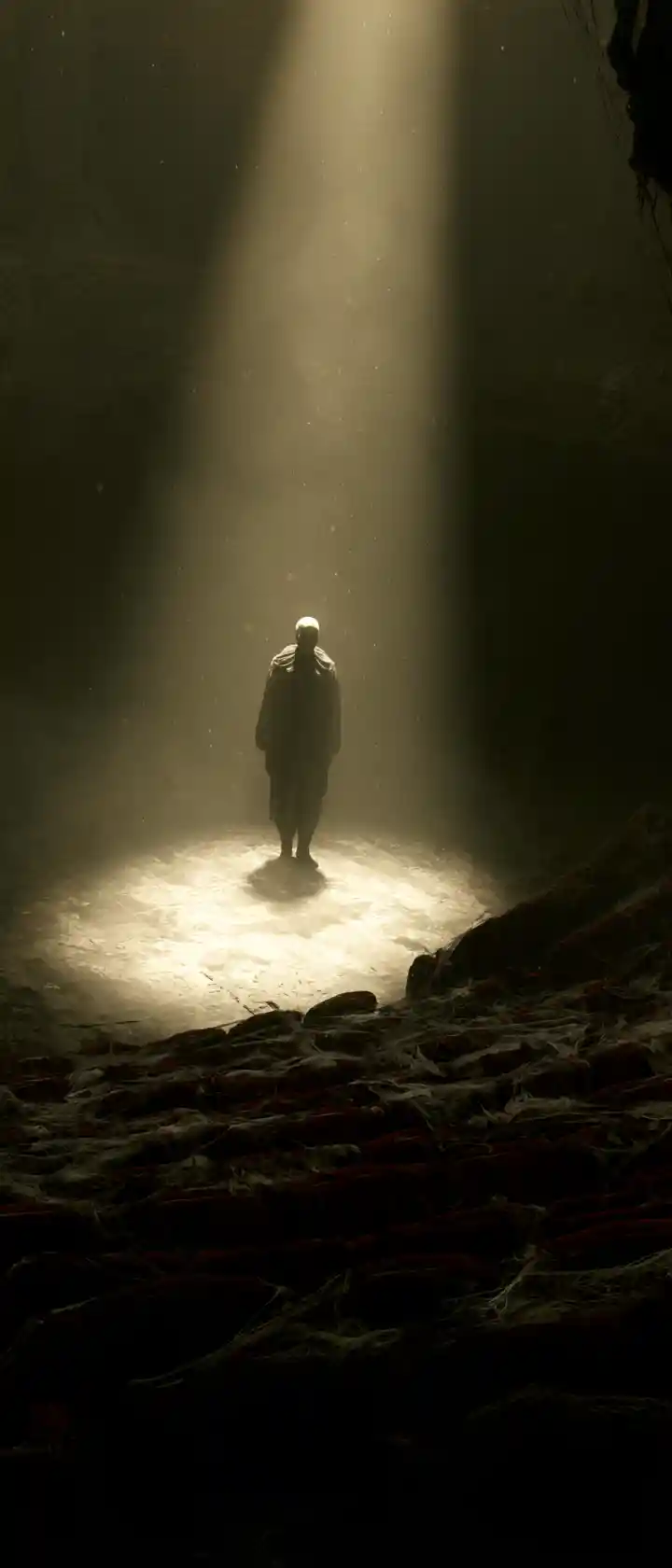 Um palhaço fantasmagórico está sob um holofote numa ópera em ruínas