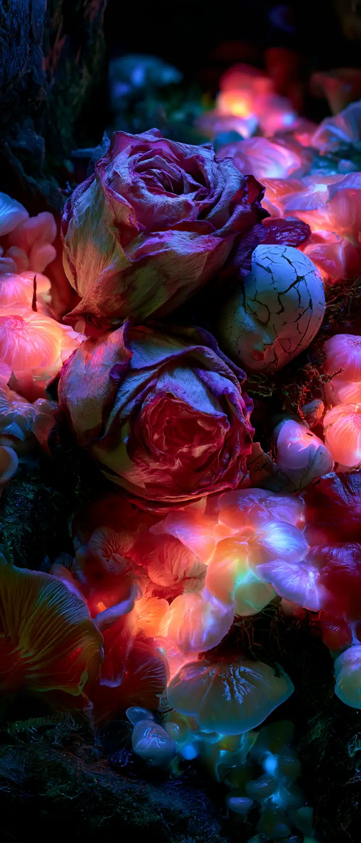 Uma rosa murcha e uma boneca de porcelana rachada sob o brilho dos fungos