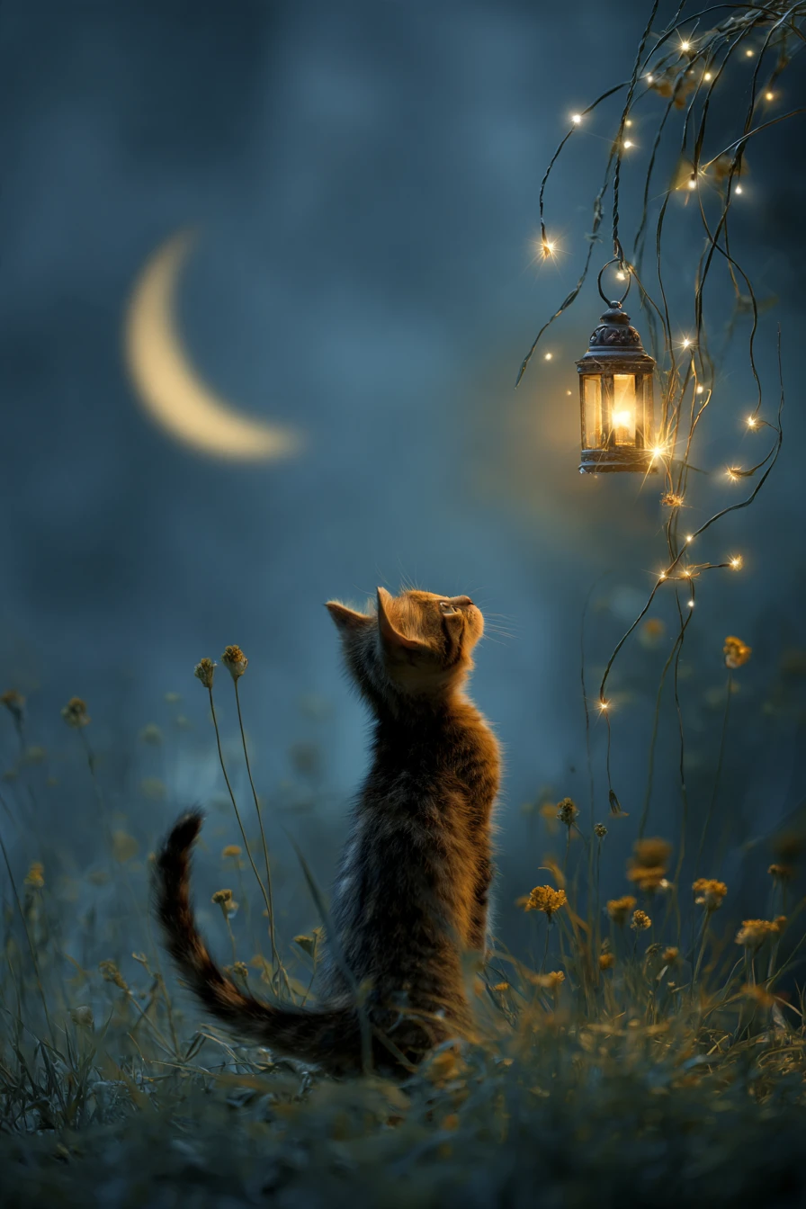 Um gatinho observa uma lanterna brilhante pendurada na grama sob uma lua em quarto crescente
