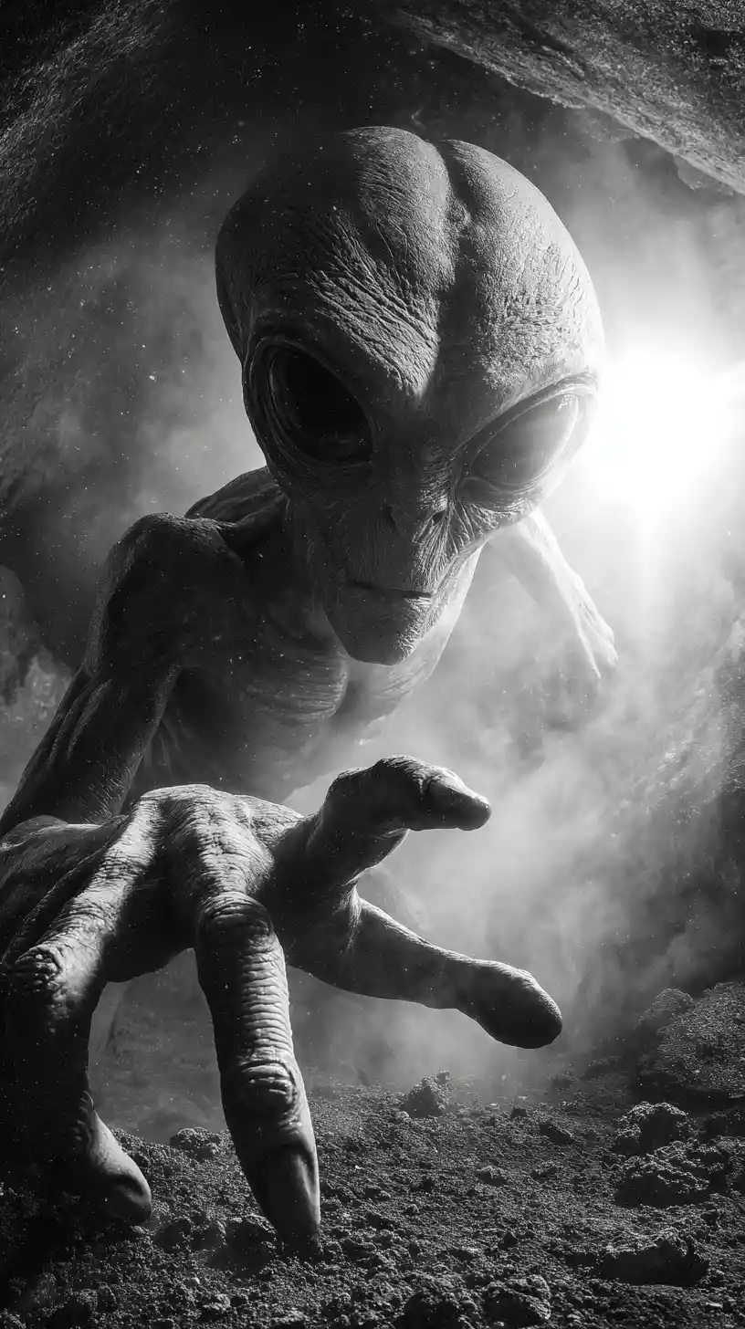 A menacing alien reaches through smoke inside a dark rocky cave