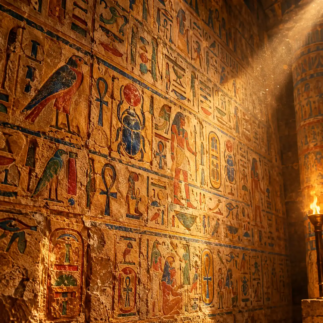 Muros dorados de un templo egipcio cubiertos de jeroglíficos tallados