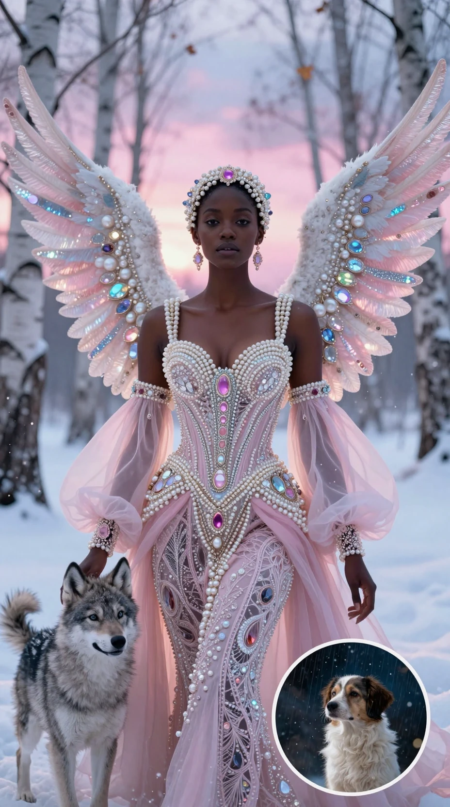 Uma mulher etérea com asas ornamentadas e um traje rosa adornado com pedras preciosas