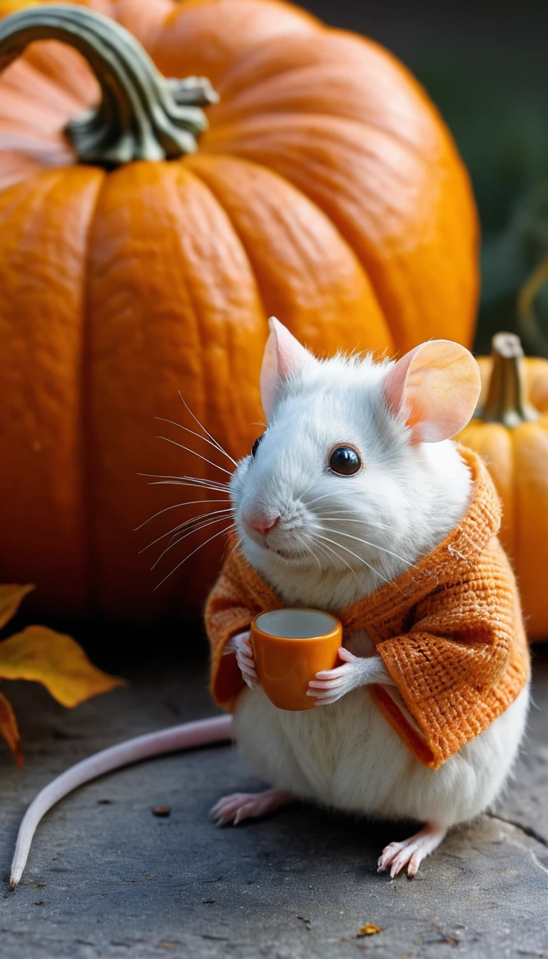 A Tiny Mouse Welcomes Dawn Beside White Pumpkins and Dried Flowers