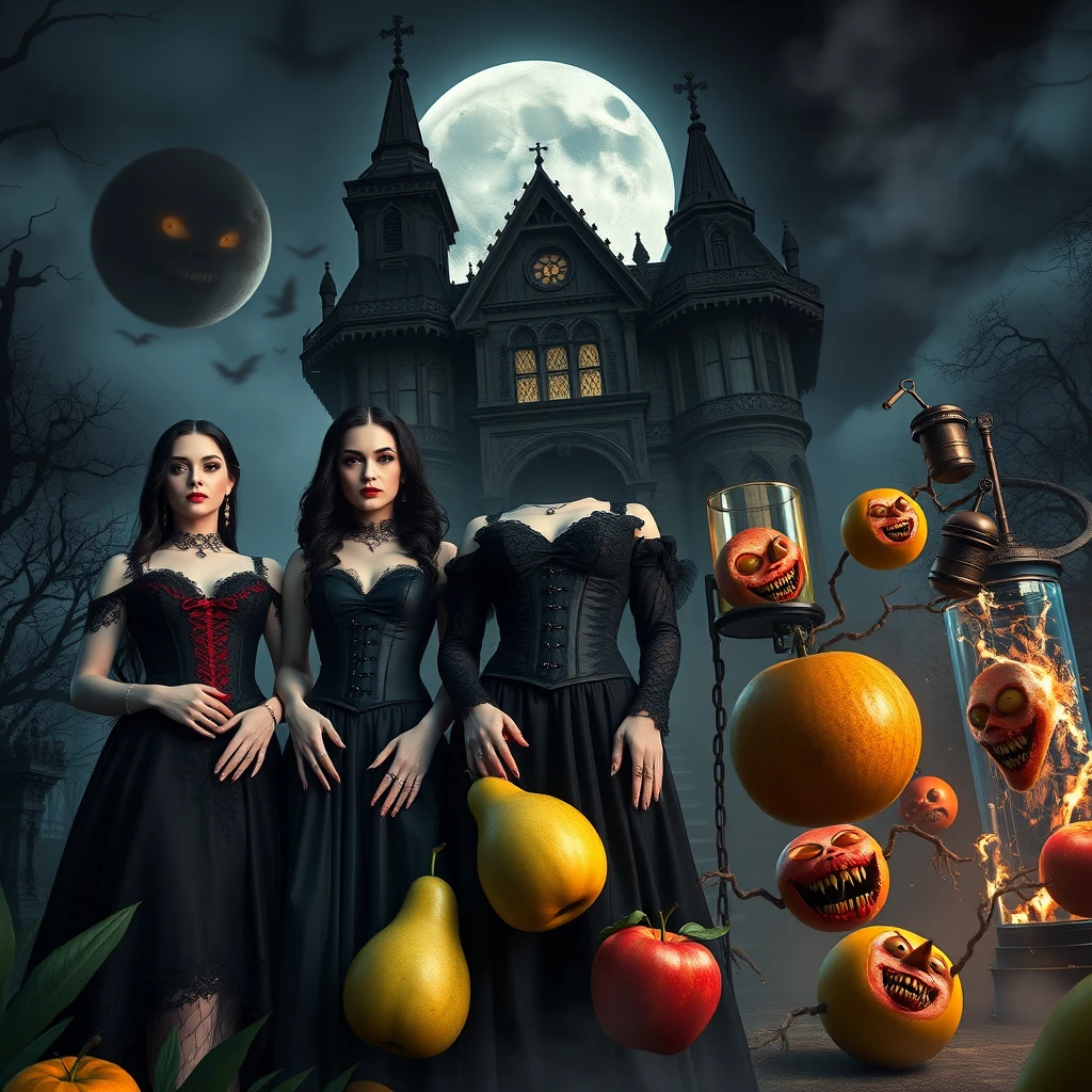 Três vampiras glamorosas estão diante de uma mansão assombrada