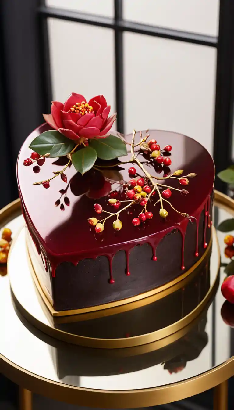 Burgundy Heart Cake With Gold Veins And Blossoming Red Roses