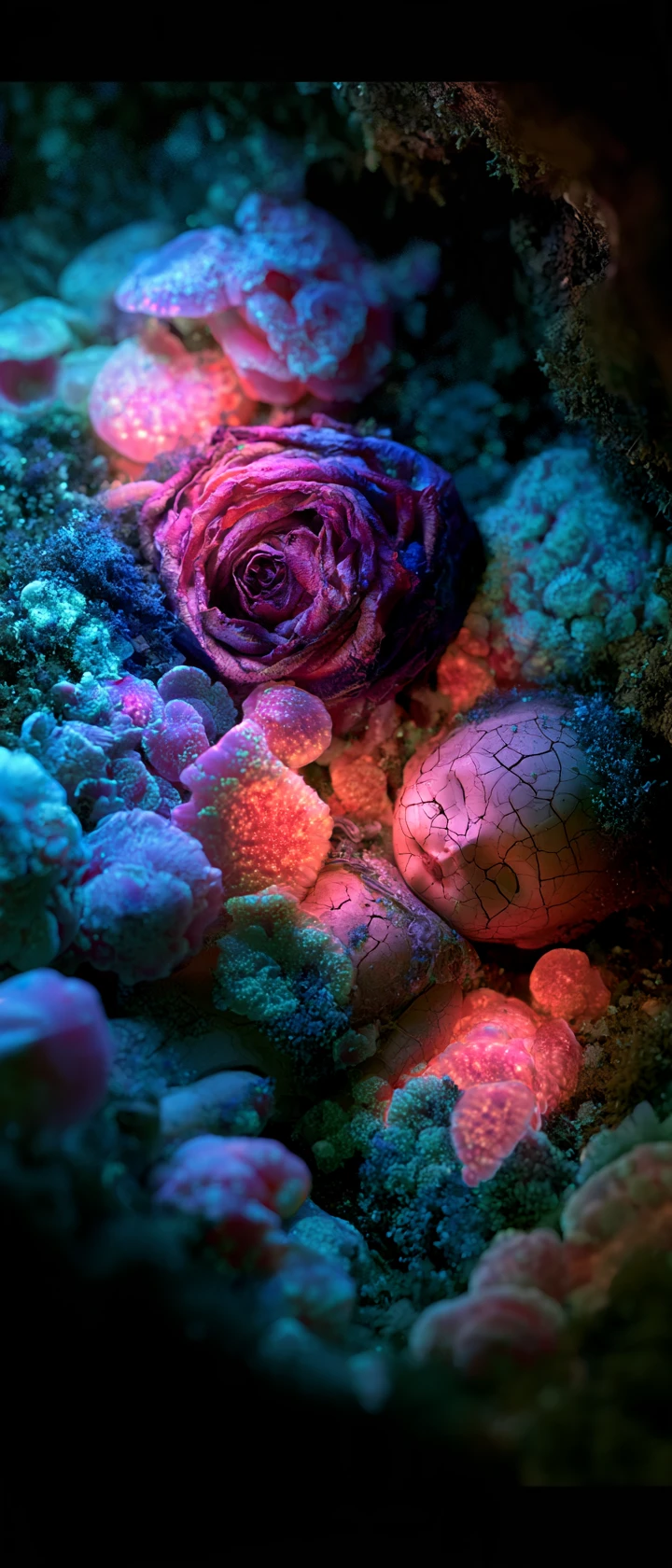 A wilting rose and porcelain doll beneath glowing fungi in a forest grotto