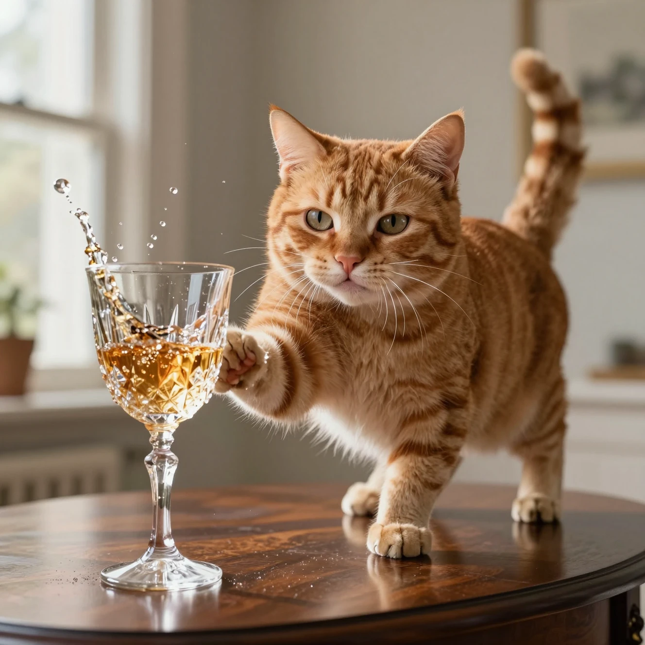 Gato malhado laranja derruba uma taça de cristal de uma mesa de mogno
