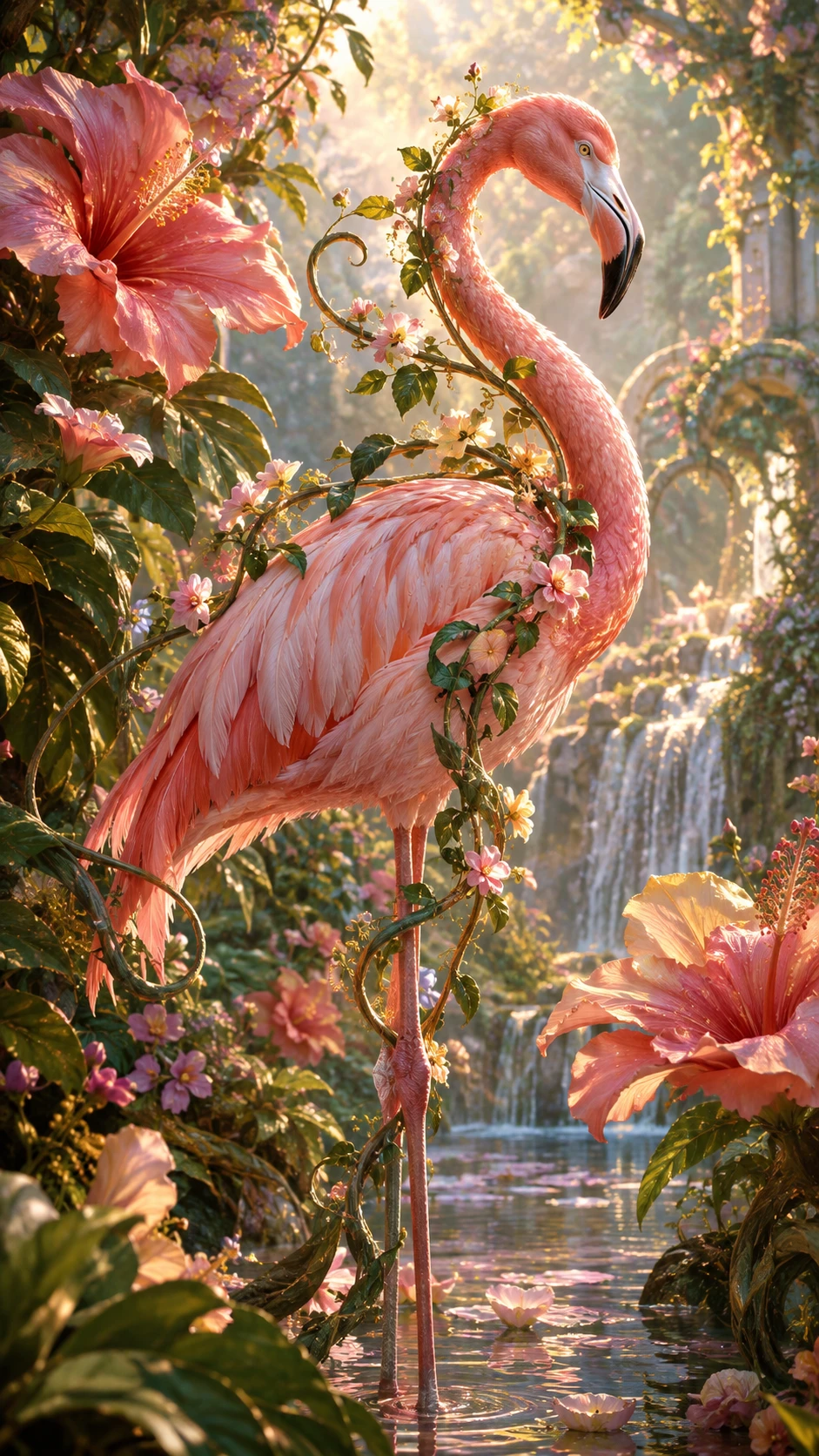 Um flamingo está entre flores enormes em um jardim encantado