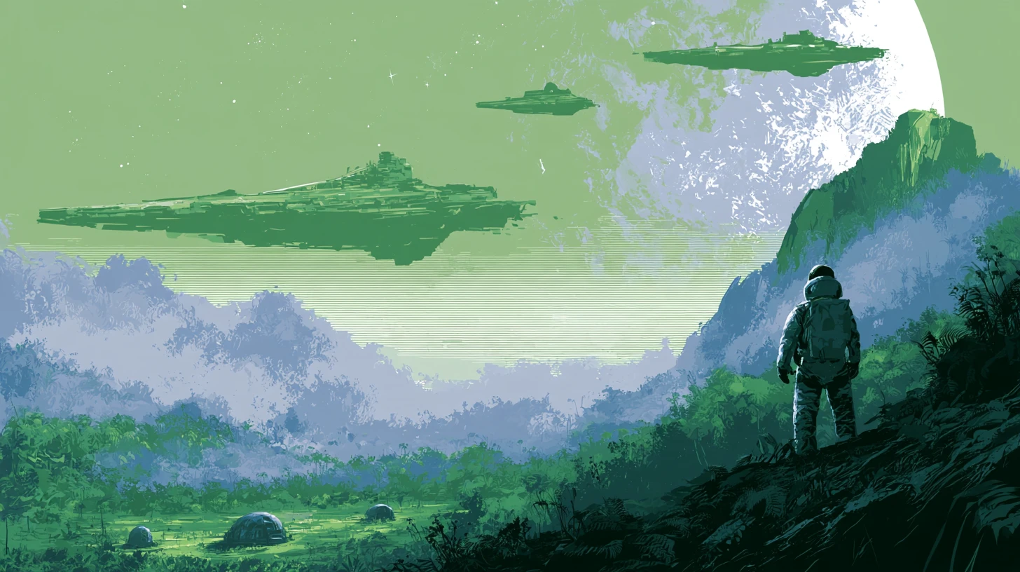 An astronaut surveys a lush jungle planet beneath passing spacecraft