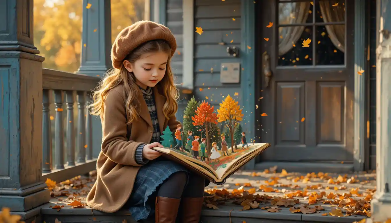 A young girl sits on a porch as autumn leaves fall